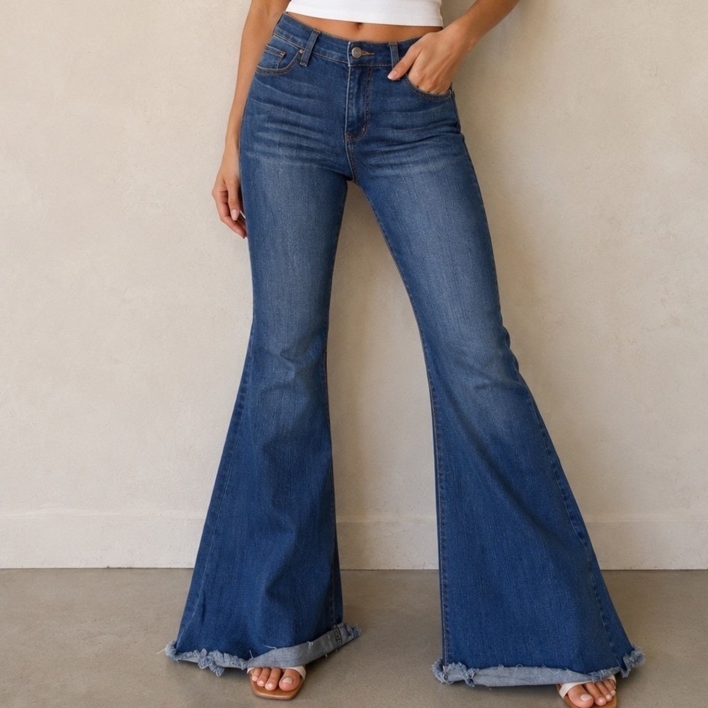 Judy Blue High Rise Flare Jeans Bell Bottom Raw Hem Medium Wash Blue 7/28 ee